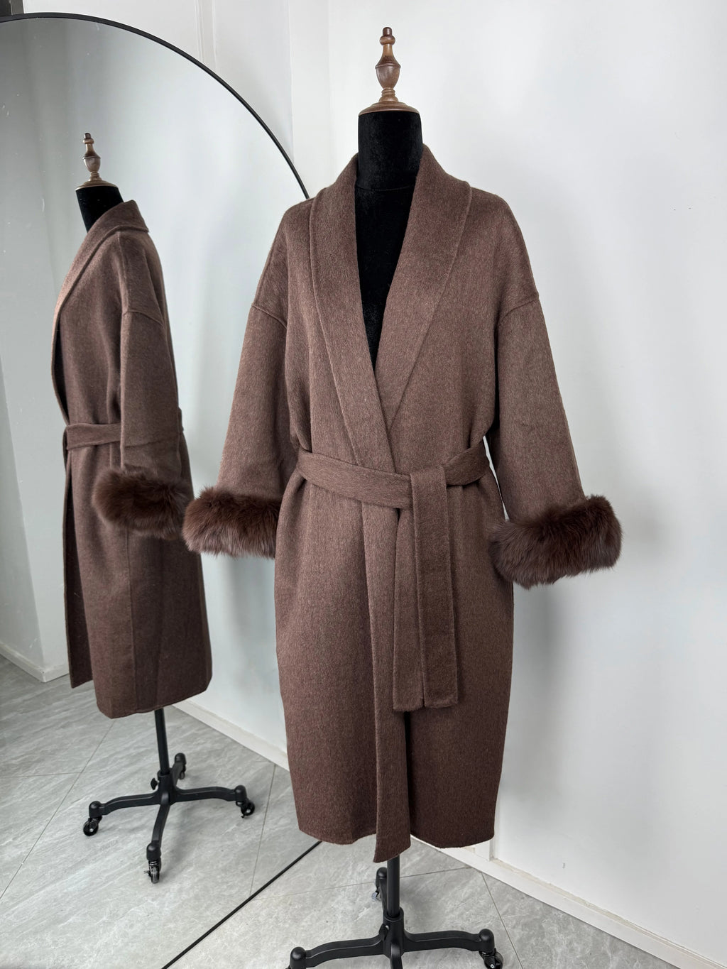 Diana Tricot Faux Fur Cuff Belted Wool Coat - Long in Coffee