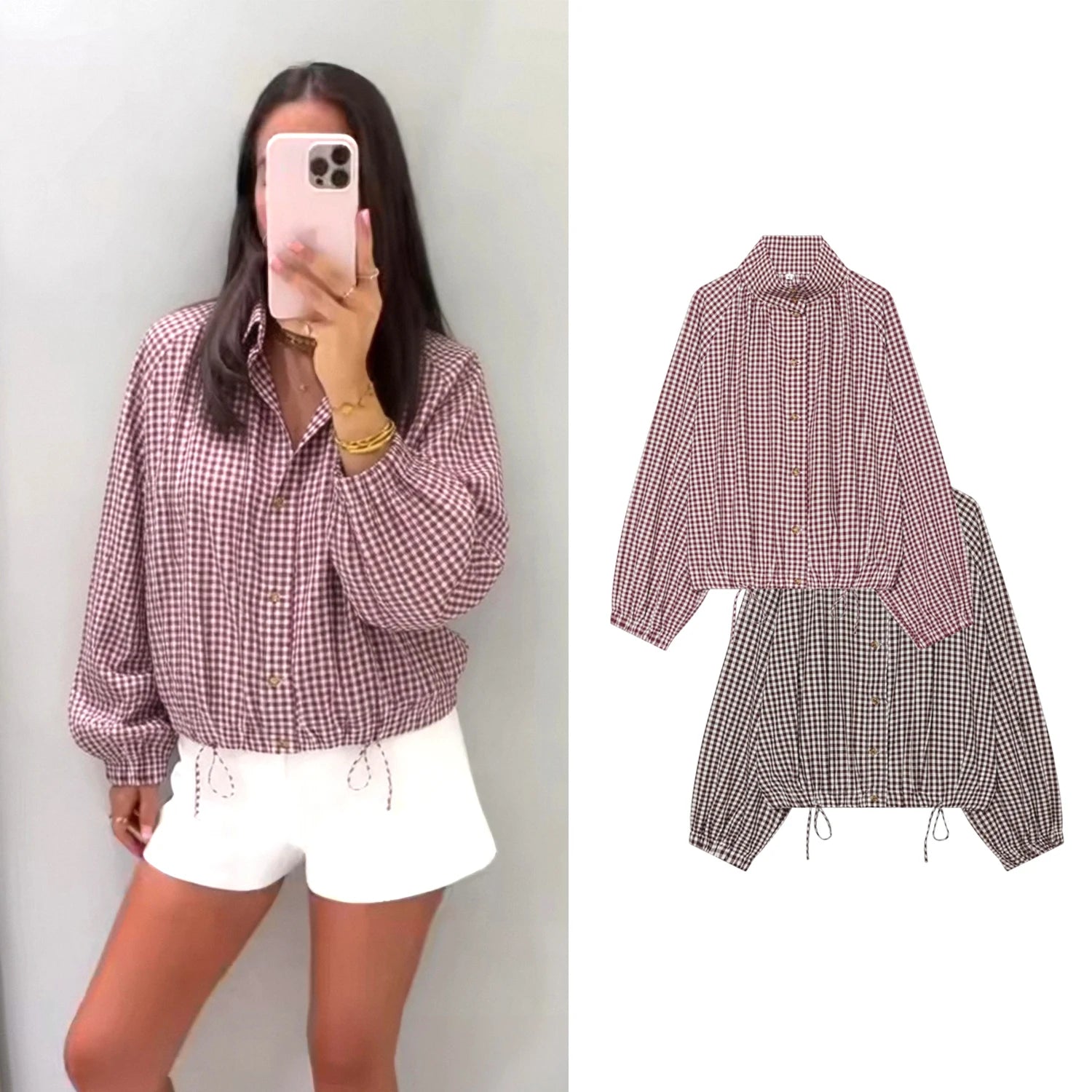 Burgundy gingham check funnel-neck jacket detail