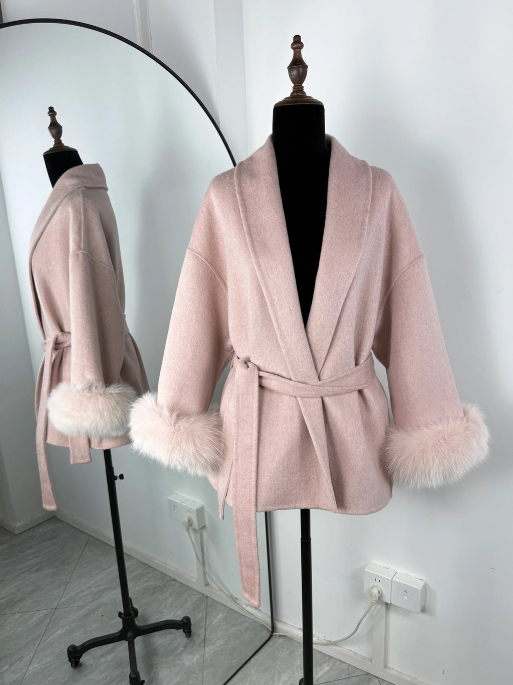 Diana Tricot Faux Fur Cuff Belted Wool Coat in Light Pink