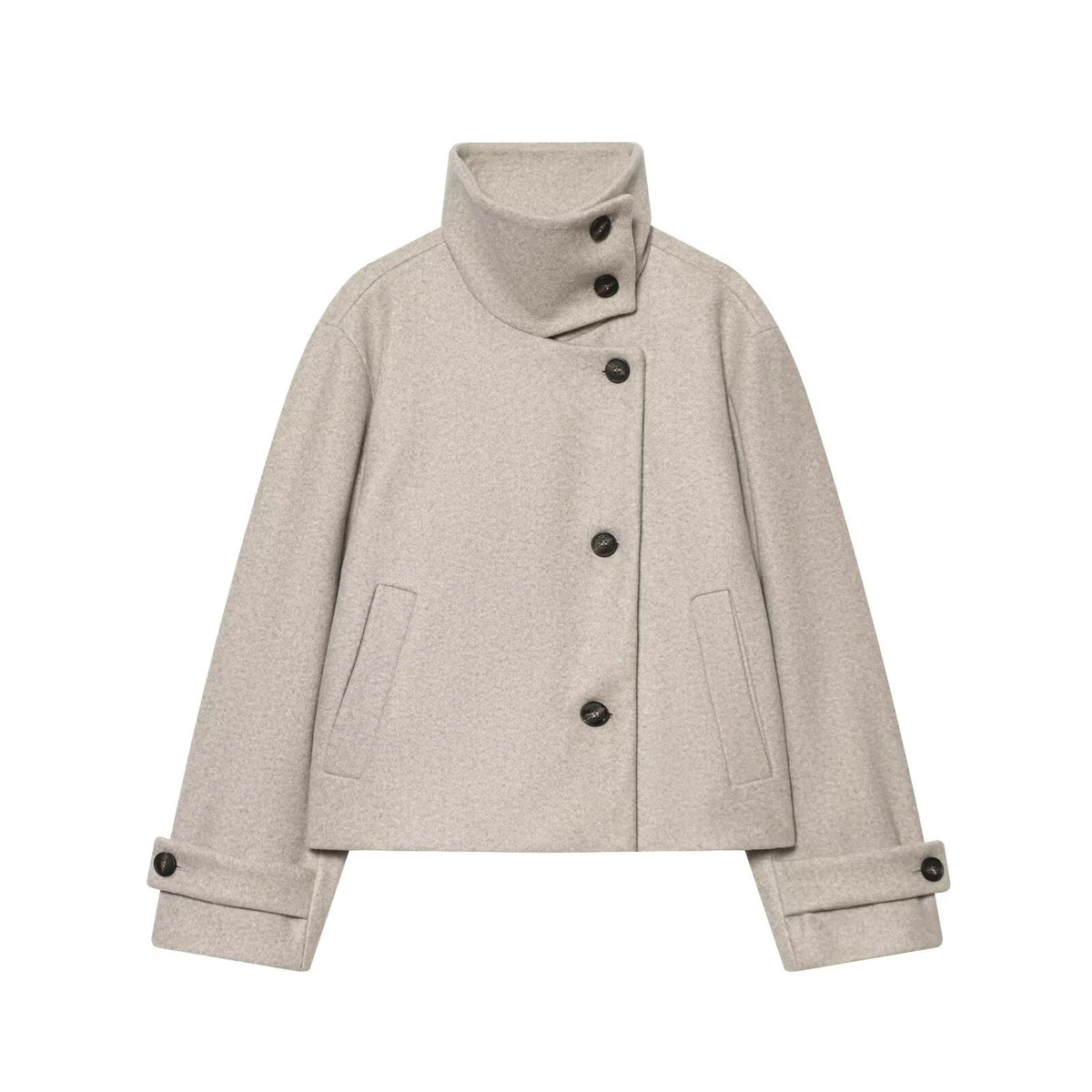 Diana Tricot Stand Collar Cropped Wool Jacket in Beige