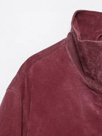Stand collar and shoulder detail in marsala faux suede