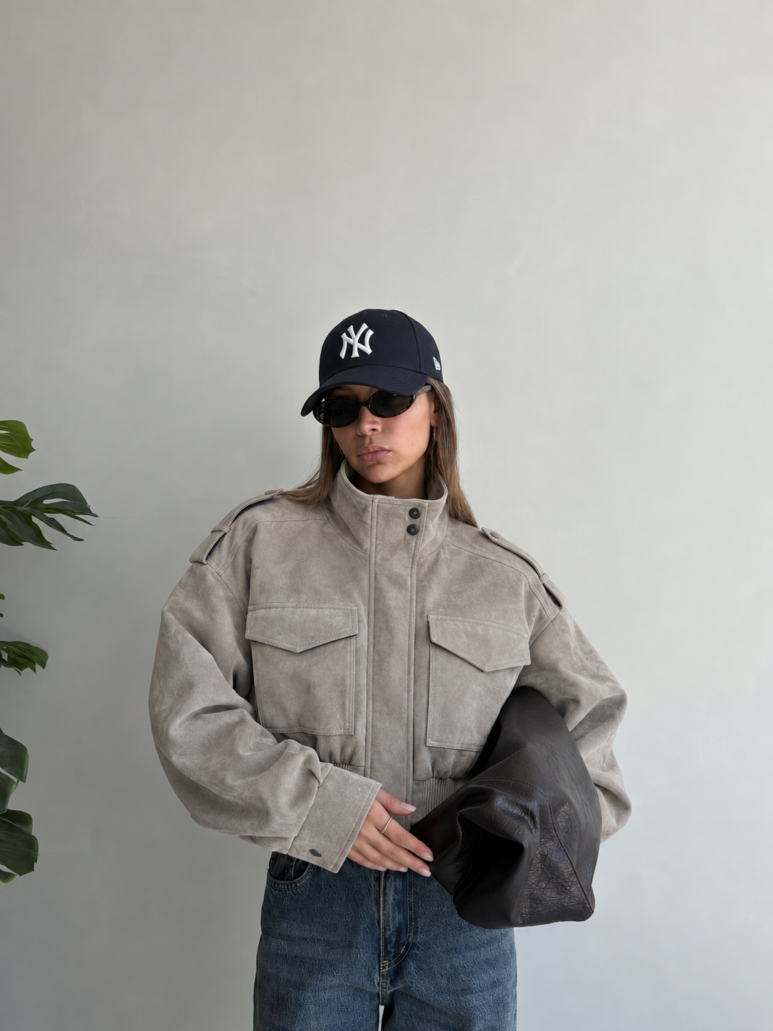 Maven Suede Cropped Bomber Jacket in Gray
