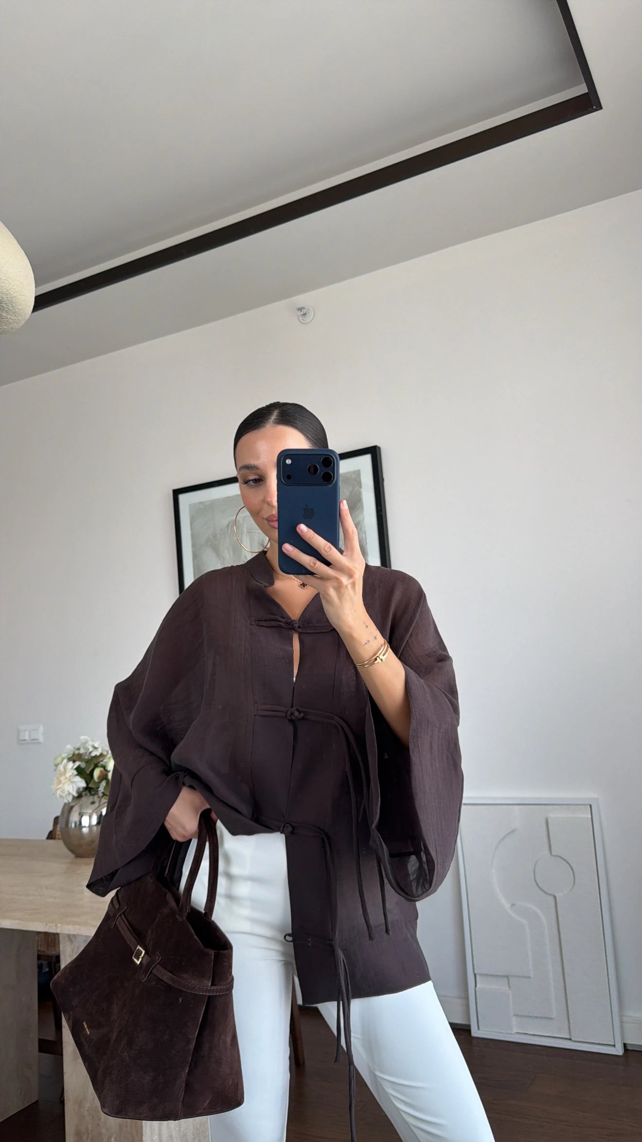 Ninon sheer kimono shirt in camel