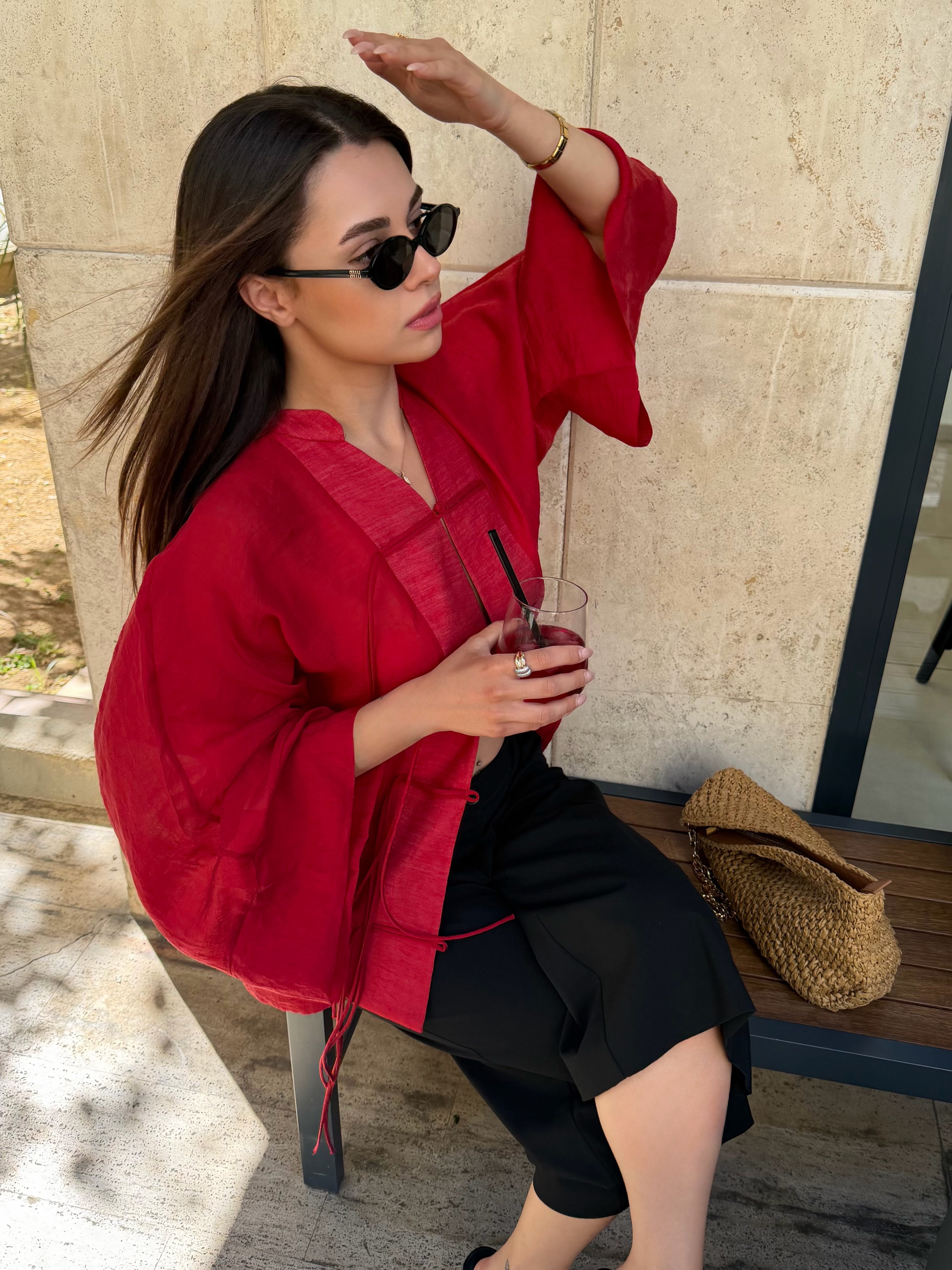 Ninon sheer kimono shirt in red