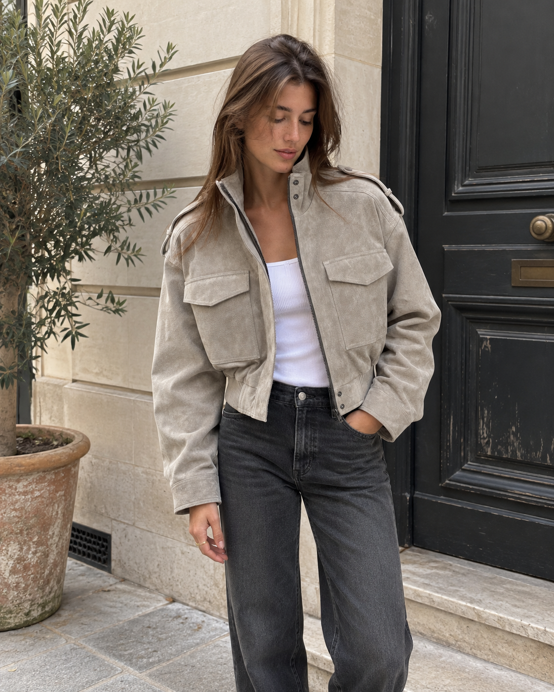 Maven Suede Cropped Bomber Jacket in Gray