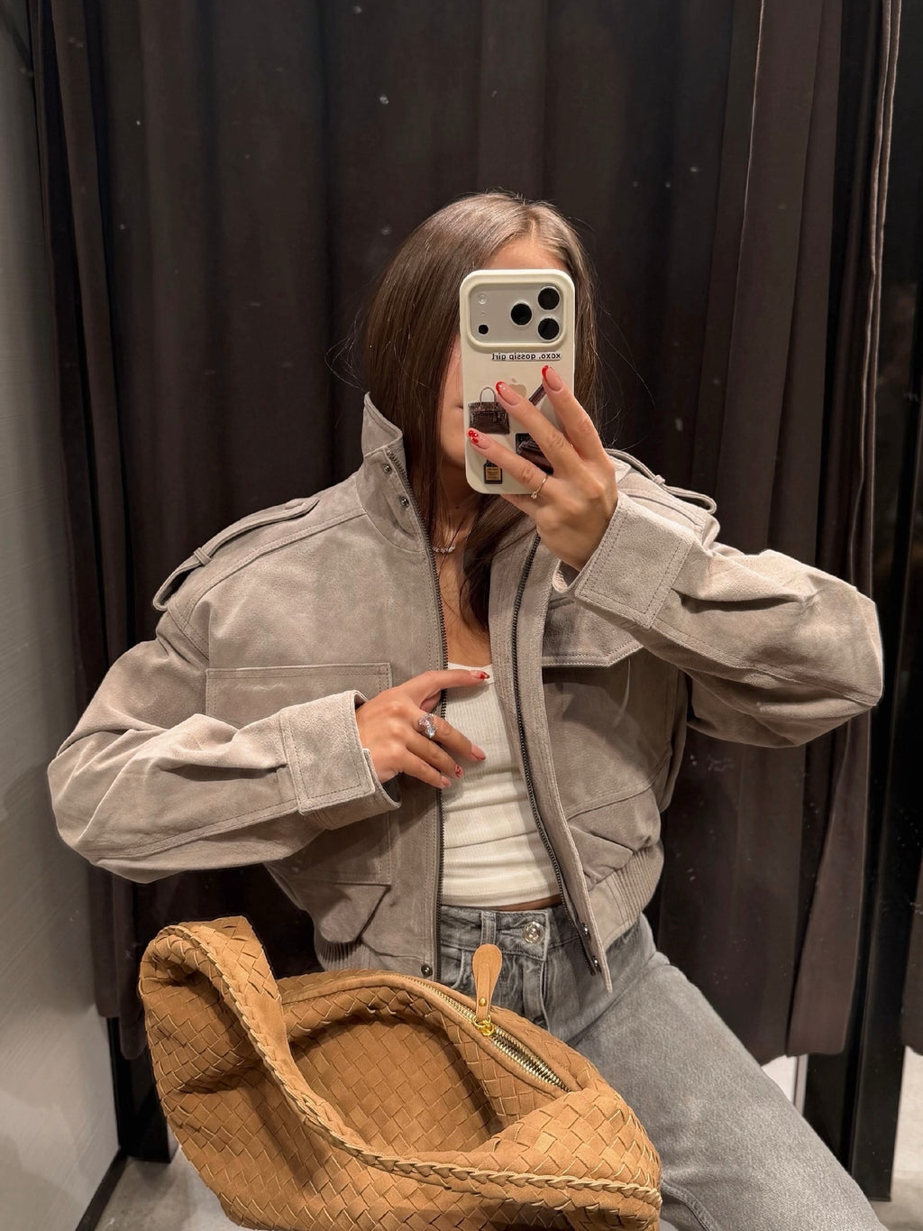 Maven Suede Cropped Bomber Jacket in Gray