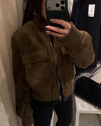 Banbury Faux Suede Bomber Jacket in olive, styled