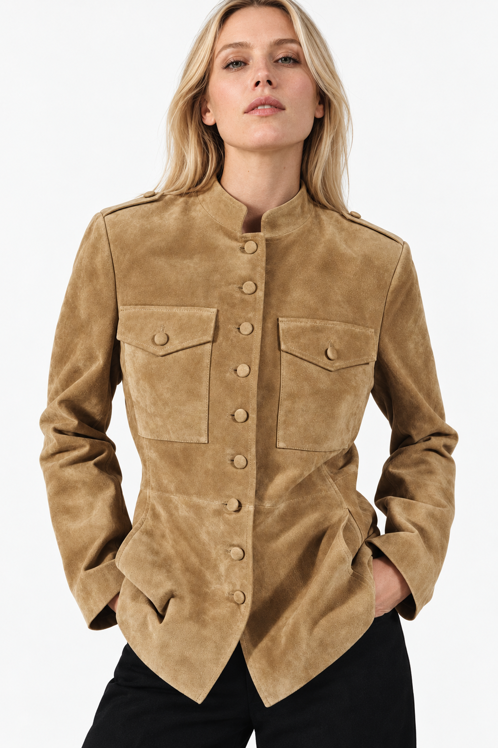 Banbury Military Suede Jacket in Camel – front, on model