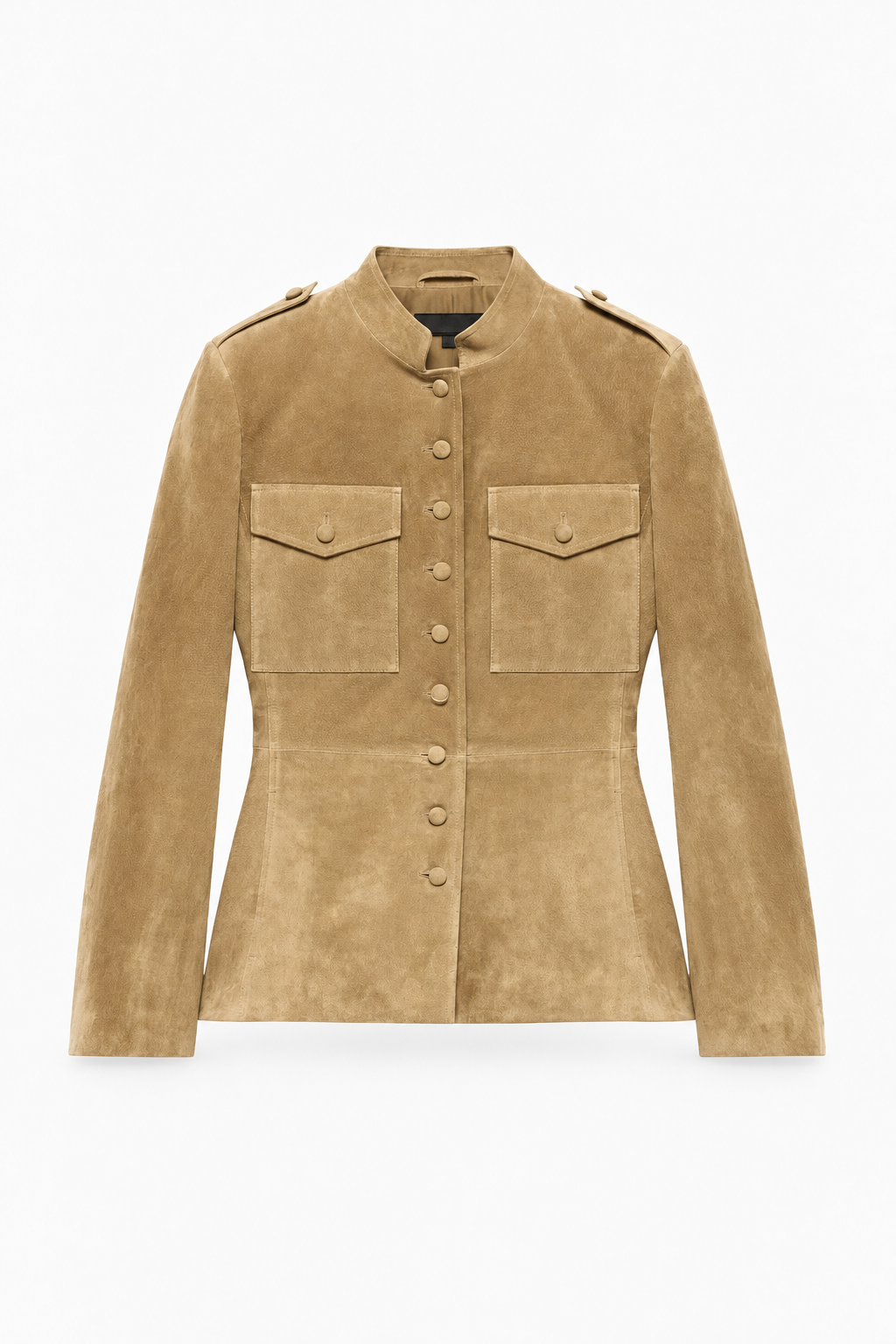 Banbury Military Suede Jacket in Camel – flat lay front