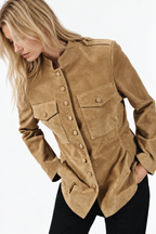 Banbury Military Suede Jacket in Camel – on model, side detail