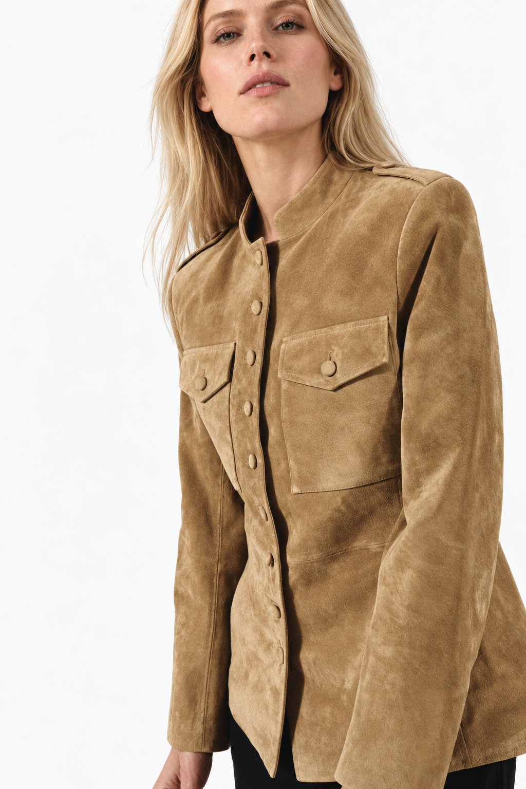 Banbury Military Suede Jacket in Camel – on model, close up