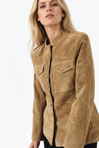 Banbury Military Suede Jacket in Camel – on model, close up