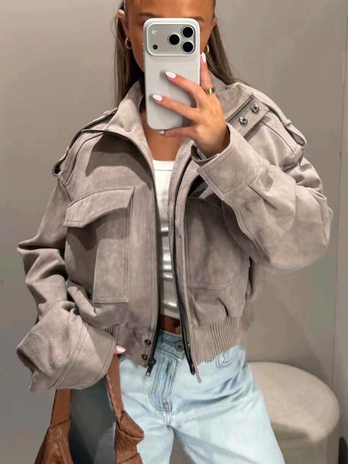 Maven Suede Cropped Bomber Jacket in Gray