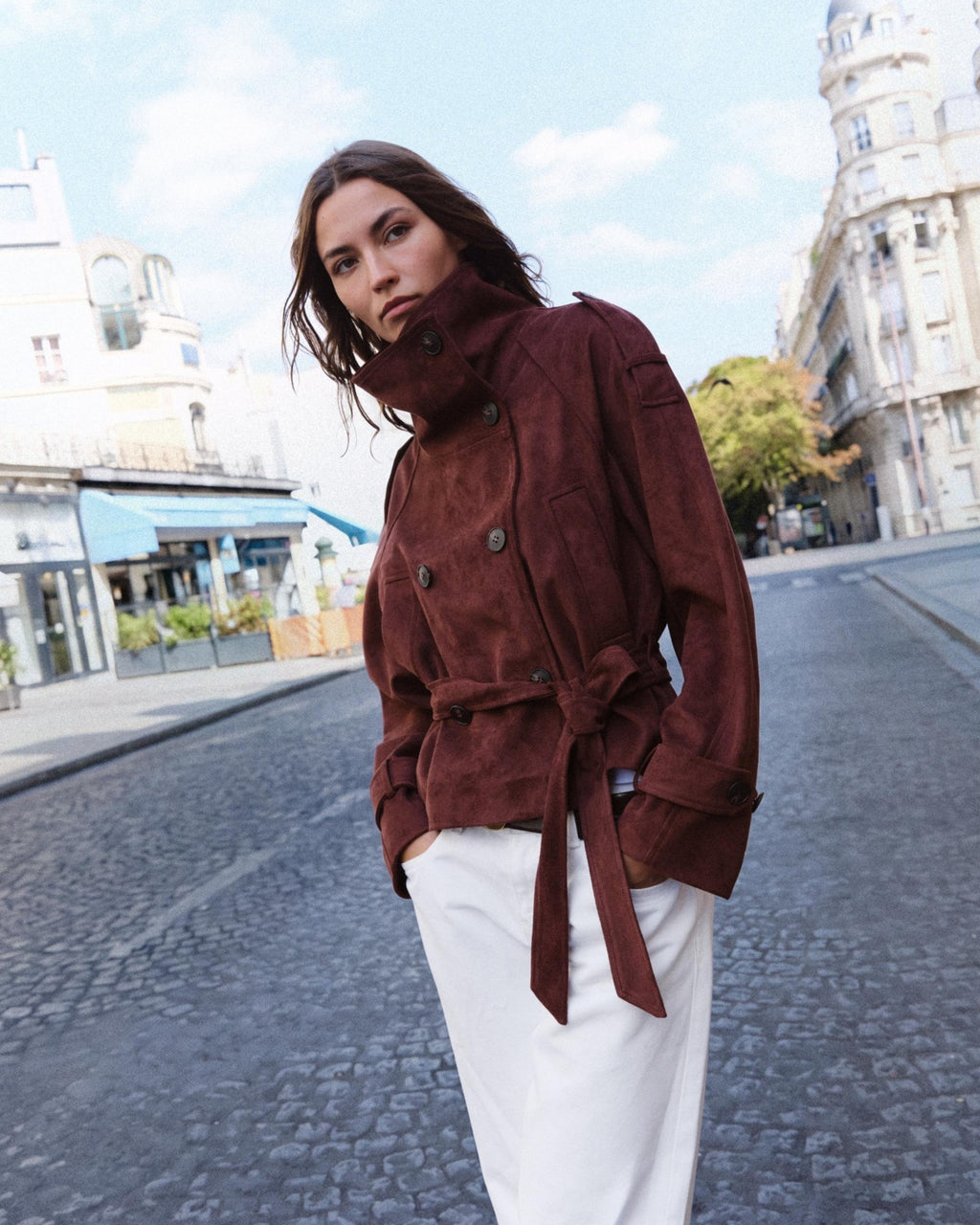 Banbury Suede Belted Funnel-Neck Jacket in Burgundy