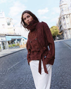 Banbury Suede Belted Funnel-Neck Jacket in Burgundy