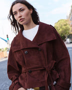 Banbury Suede Belted Funnel-Neck Jacket in Burgundy