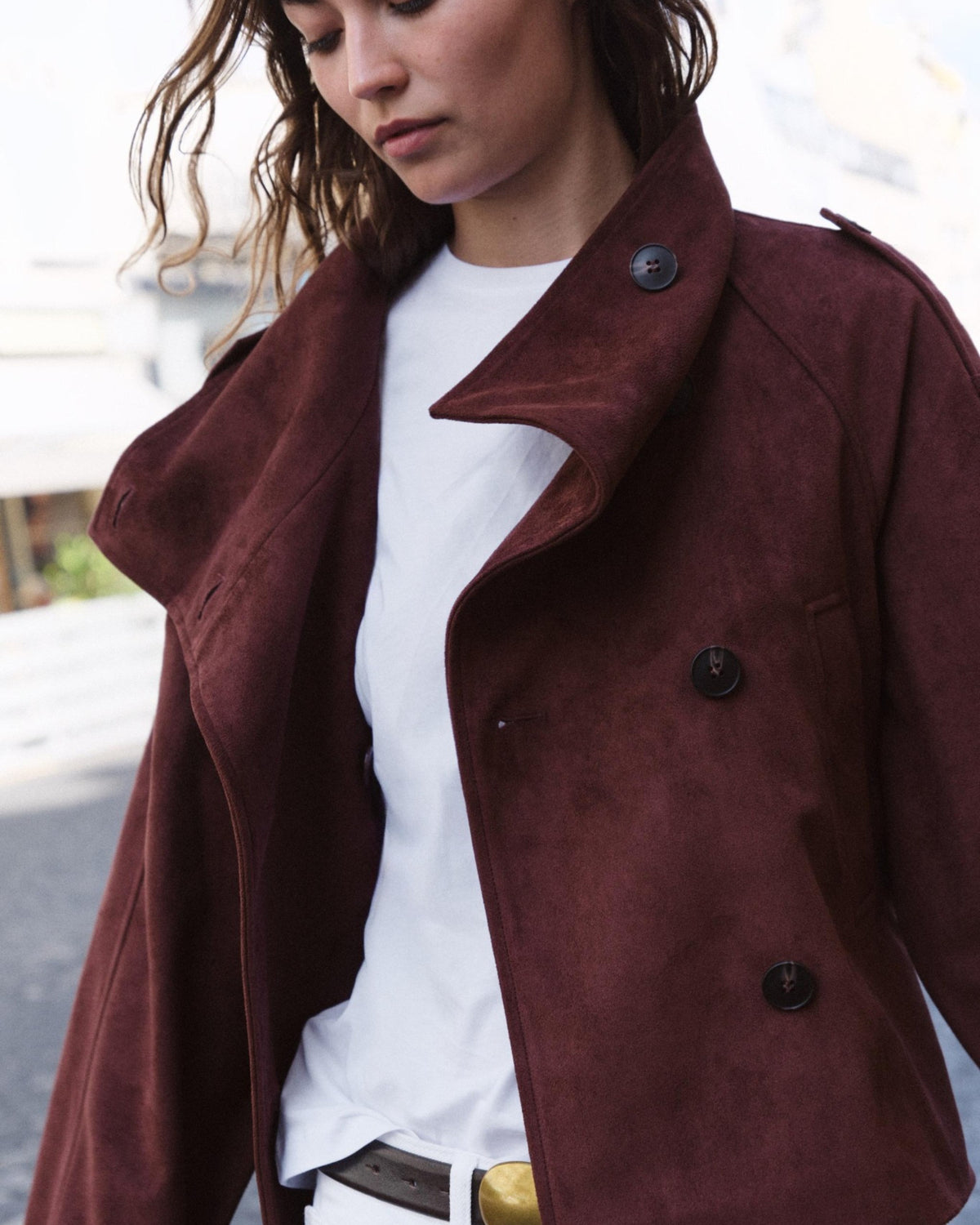 Banbury Suede Belted Funnel-Neck Jacket in Burgundy