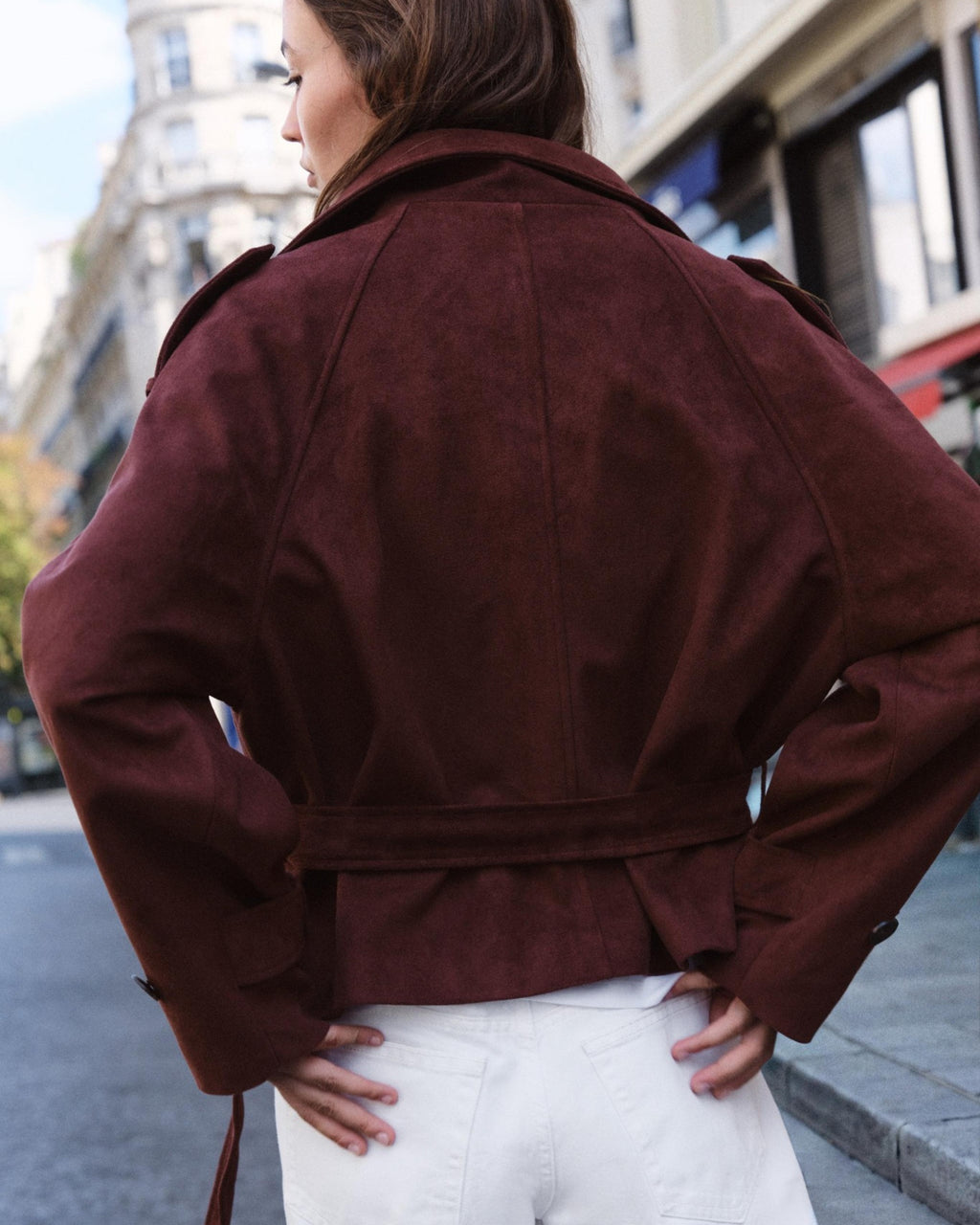 Banbury Suede Belted Funnel-Neck Jacket in Burgundy