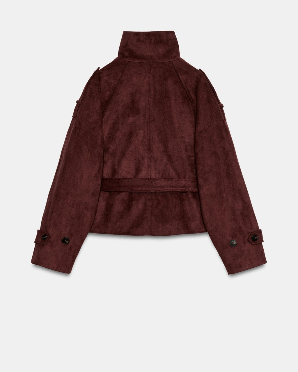 Banbury Suede Belted Funnel-Neck Jacket in Burgundy