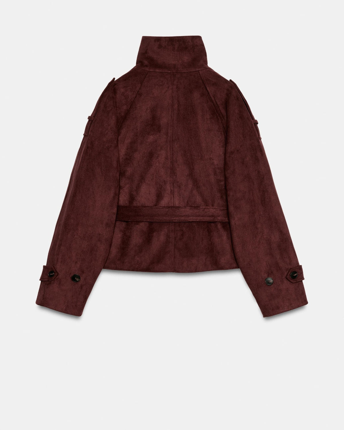 Banbury Suede Belted Funnel-Neck Jacket in Burgundy