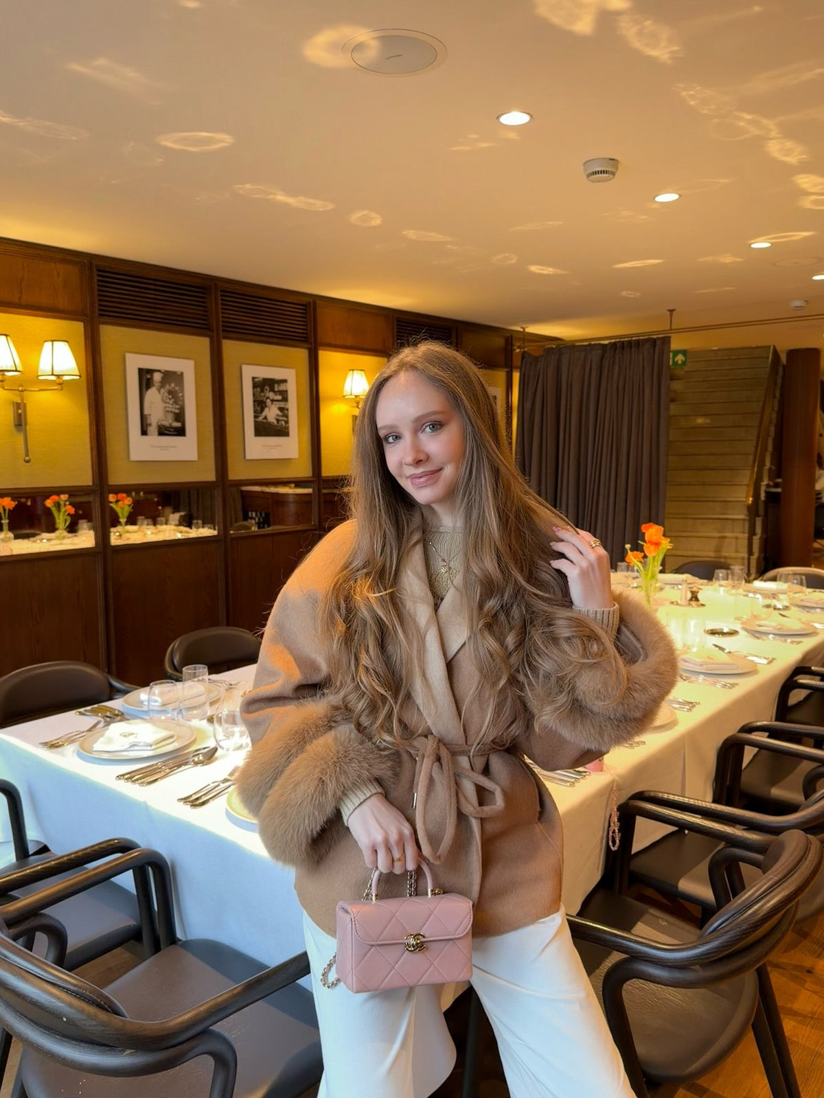 Diana Tricot Faux Fur Cuff Belted Wool Coat in Camel - restaurant