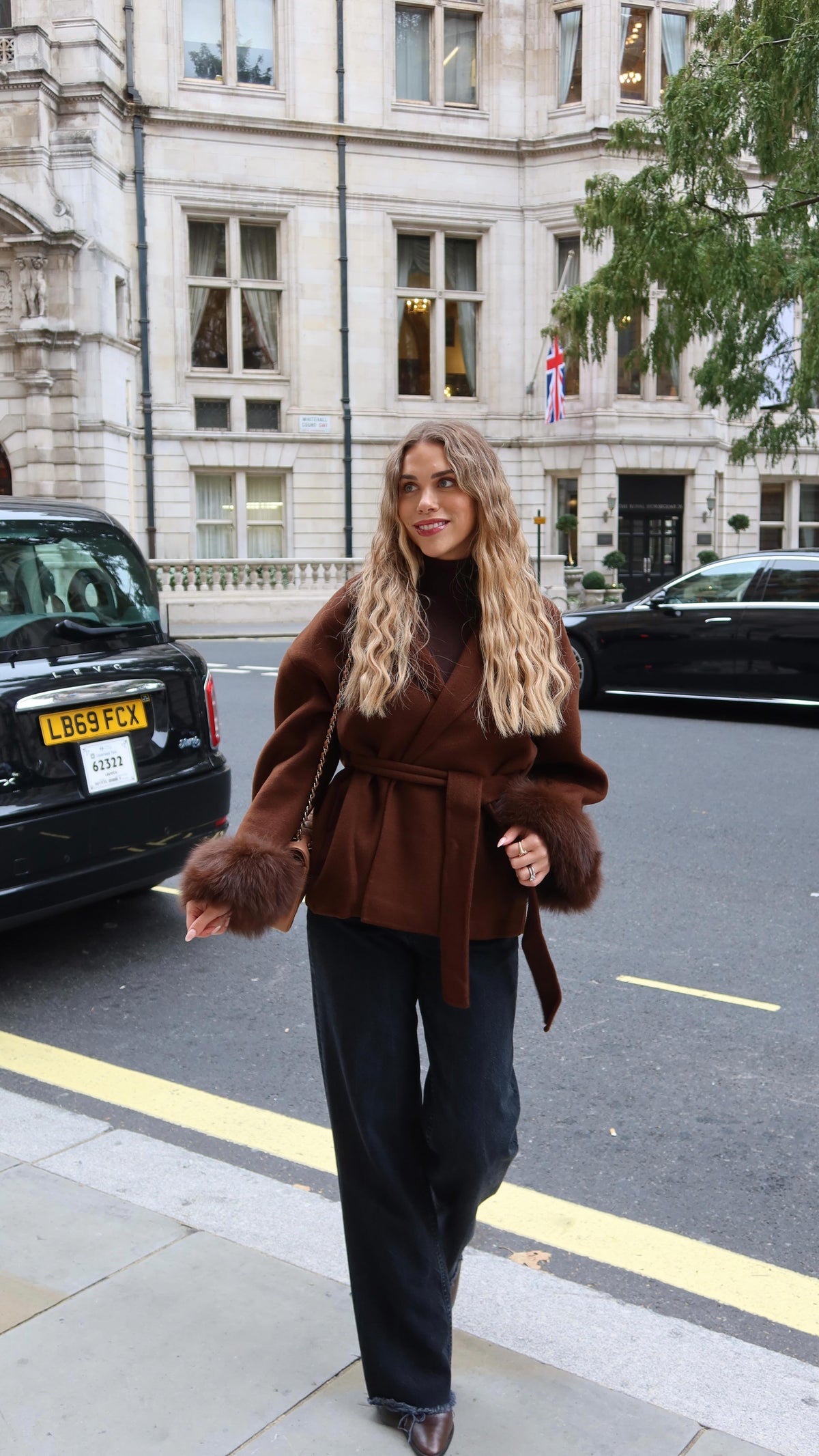 Diana Tricot Faux Fur Cuff Belted Wool Coat in Coffee - street style