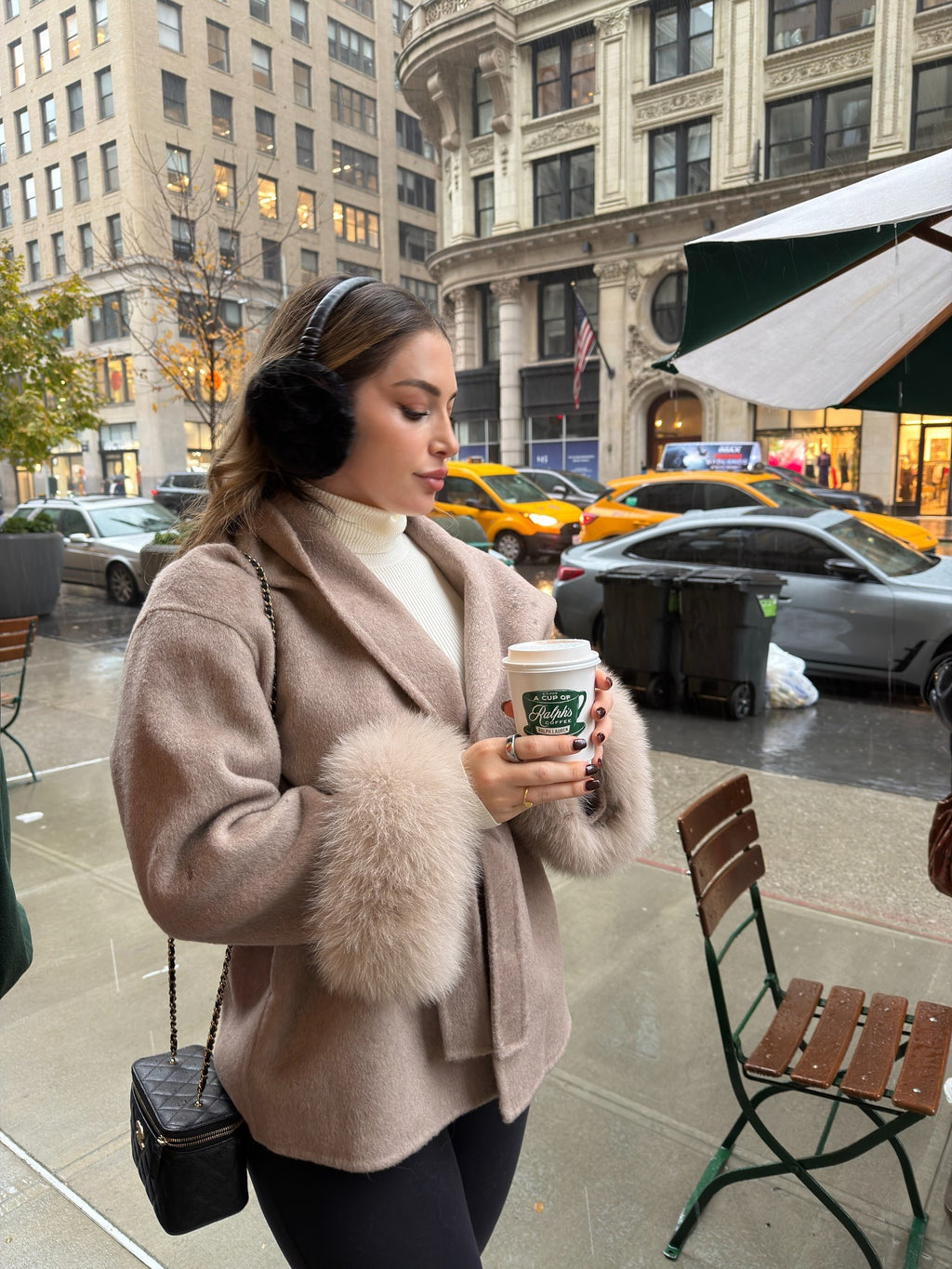 Diana Tricot Faux Fur Cuff Belted Wool Coat in Khaki - street