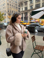 Diana Tricot Faux Fur Cuff Belted Wool Coat in Khaki - street