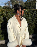 Diana Tricot Faux Fur Cuff Belted Wool Coat in White - back and belt detail