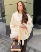 Diana Tricot Faux Fur Cuff Belted Wool Coat in White - street style