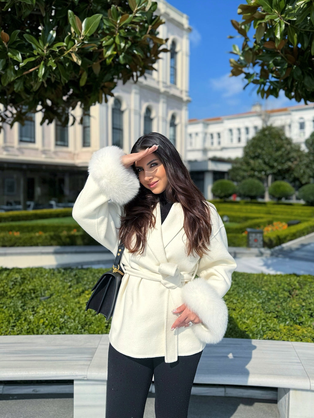 Diana Tricot Faux Fur Cuff Belted Wool Coat in White - street