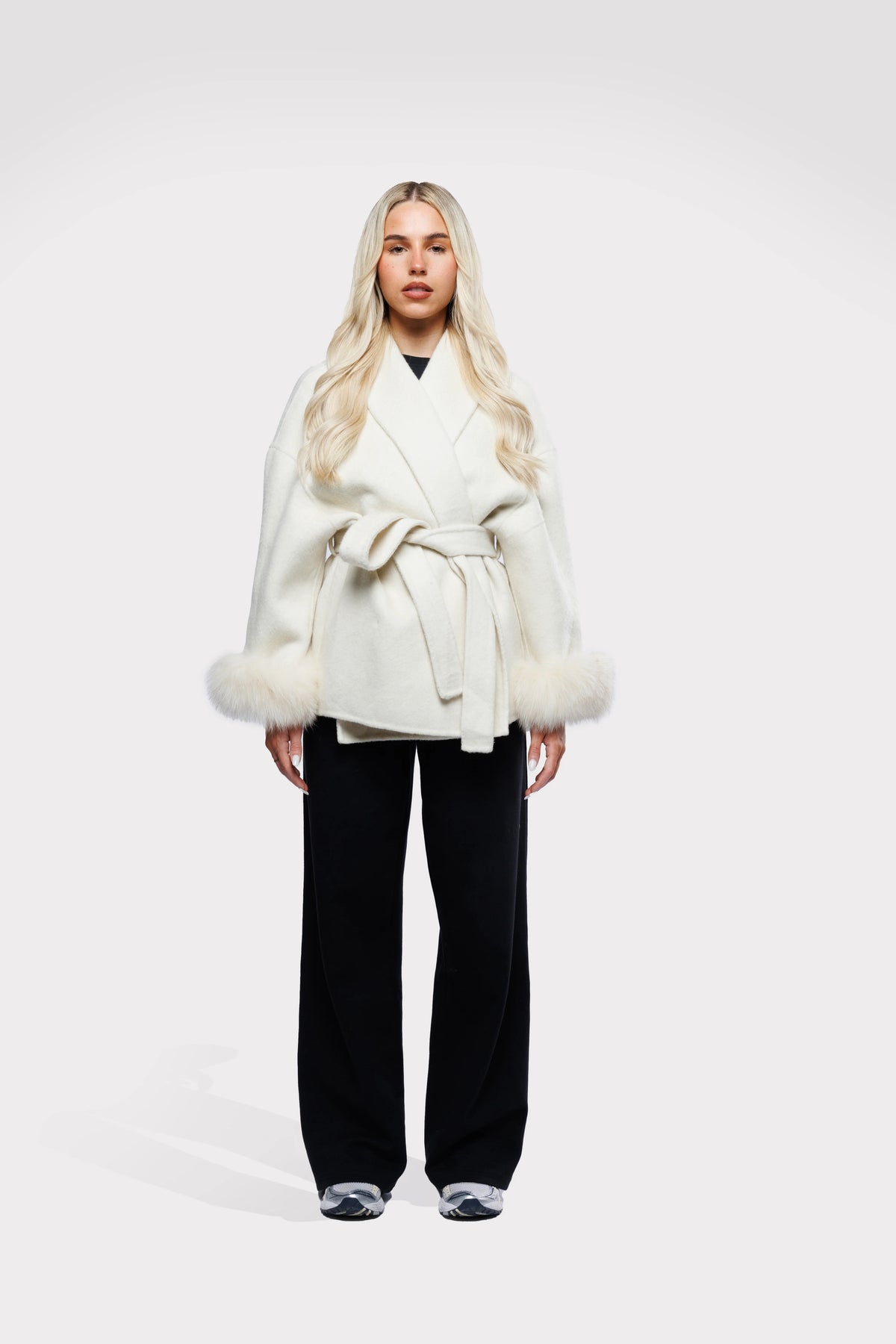 Diana Tricot Faux Fur Cuff Belted Wool Coat in White - studio front