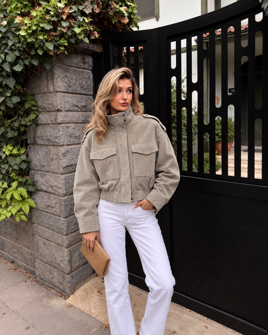 Maven Suede Cropped Bomber Jacket in Gray