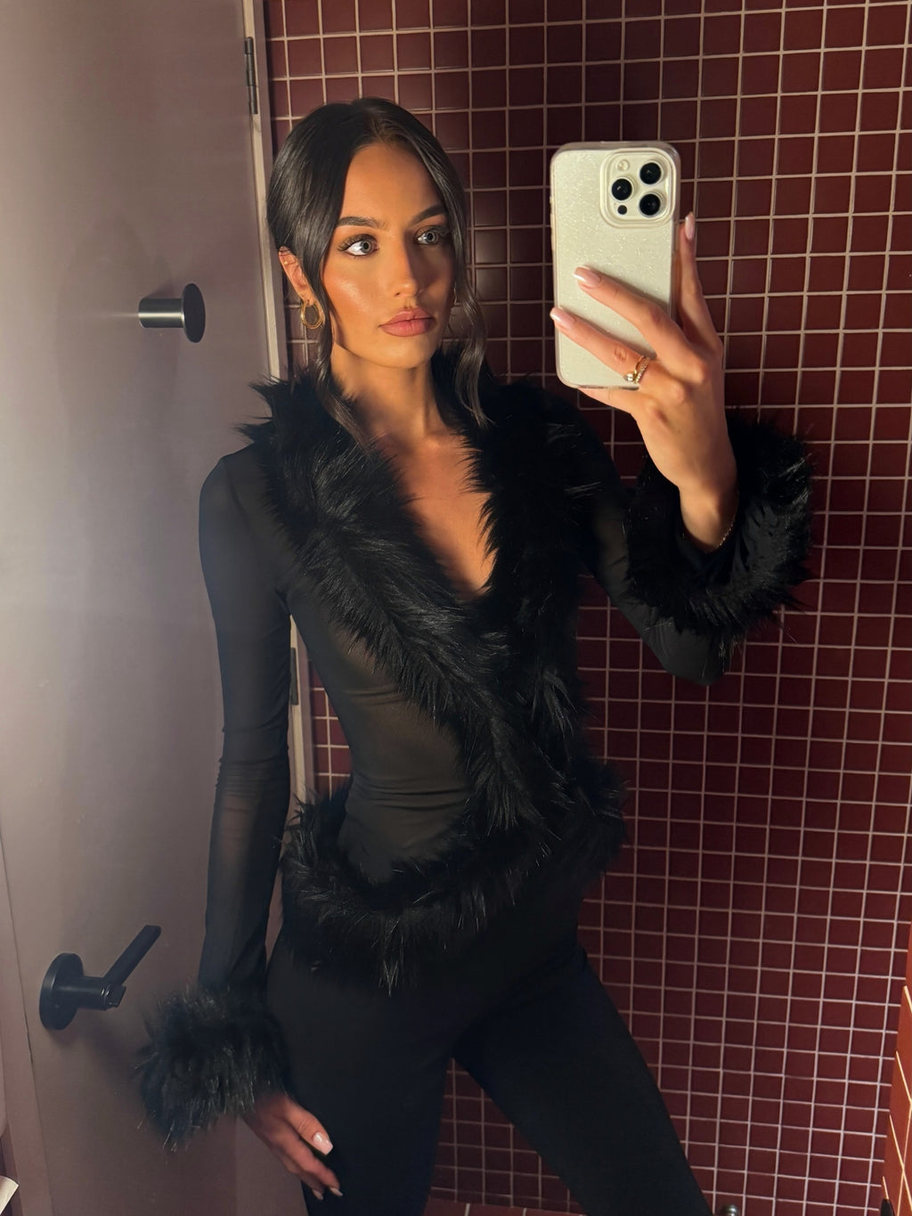 Ferryhill Faux Fur Sheer Top - Black