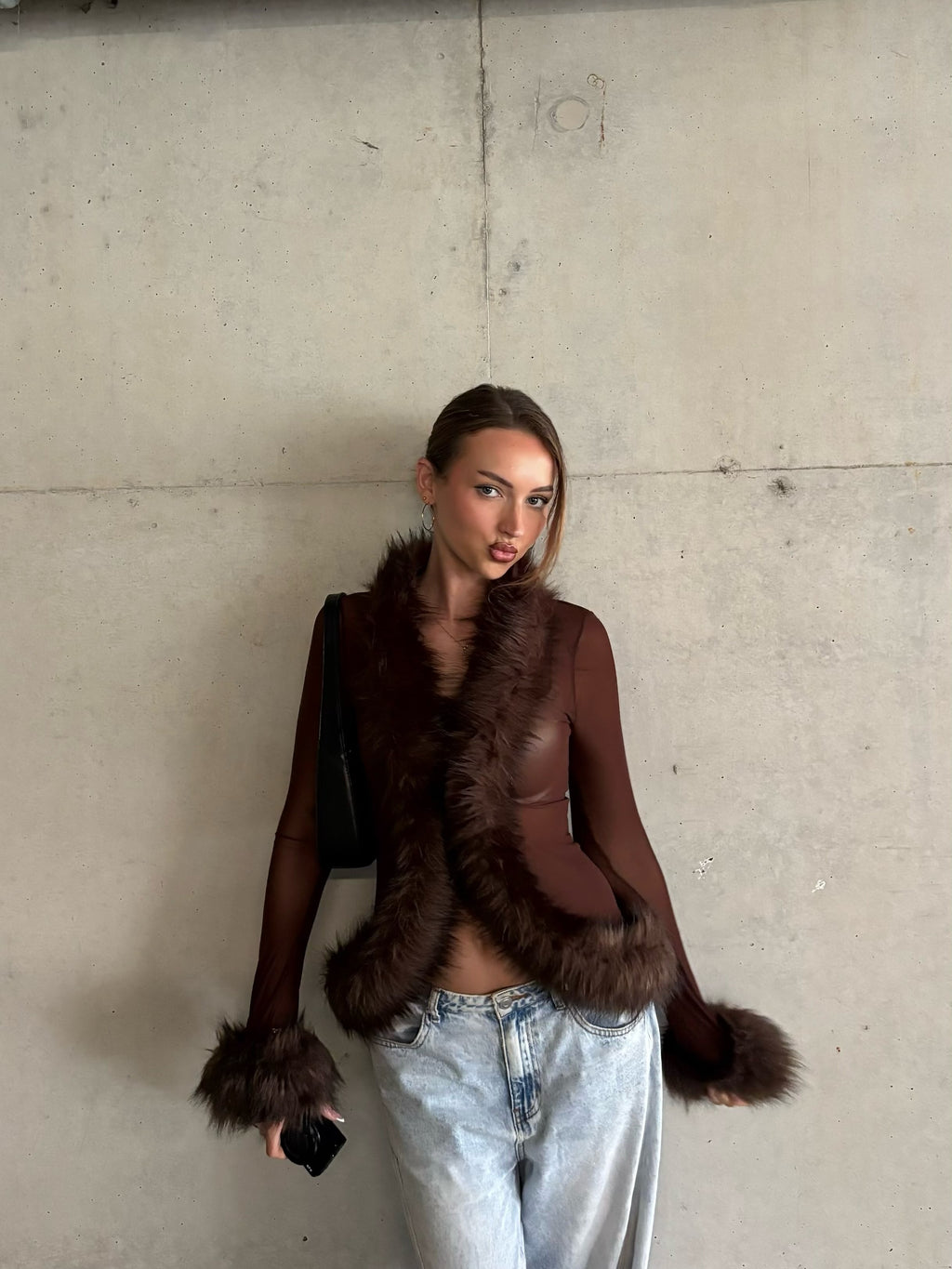Ferryhill Faux Fur Sheer Top - Chocolate