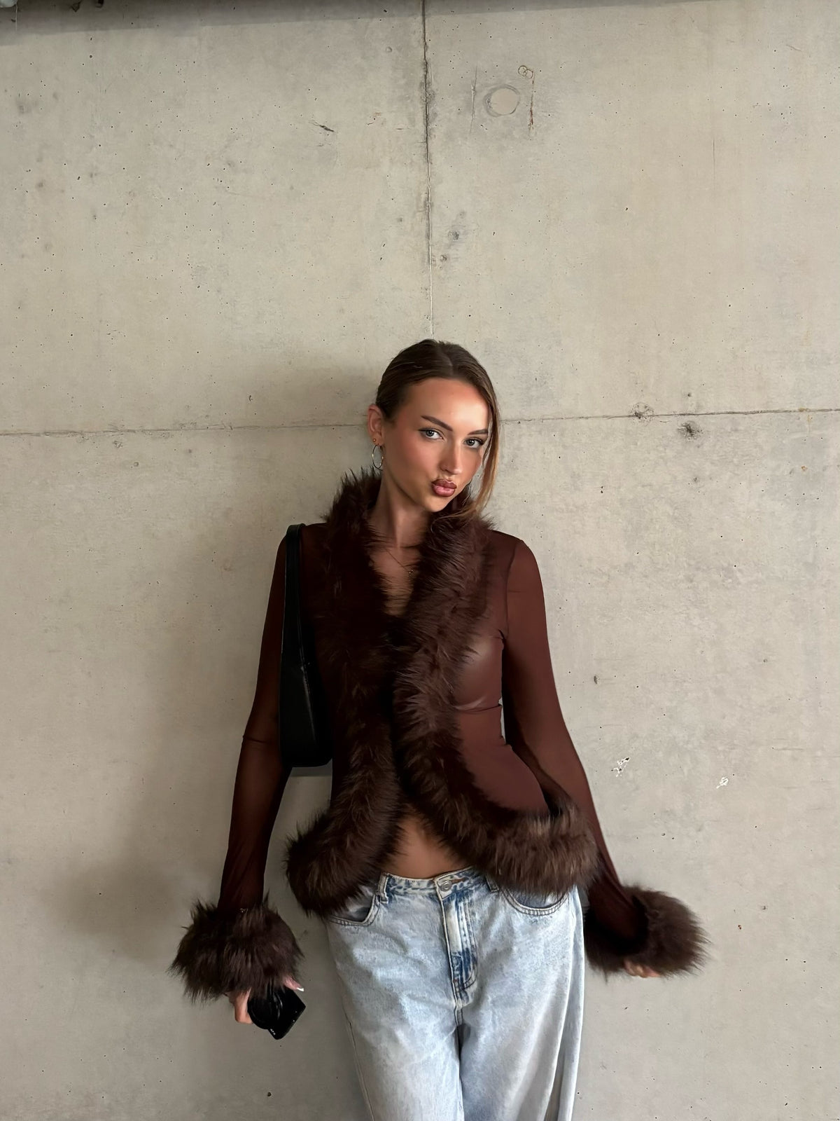 Ferryhill Faux Fur Sheer Top - Chocolate