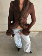 Ferryhill Faux Fur Sheer Top - Chocolate