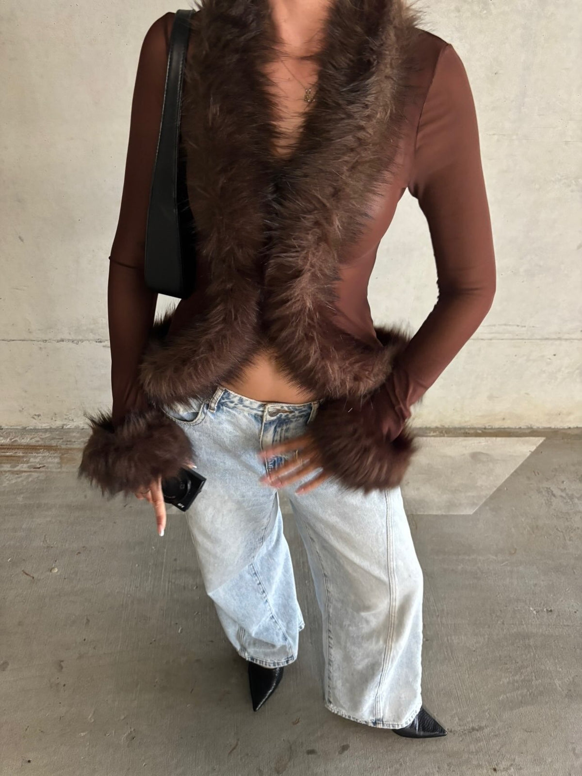 Ferryhill Faux Fur Sheer Top - Chocolate