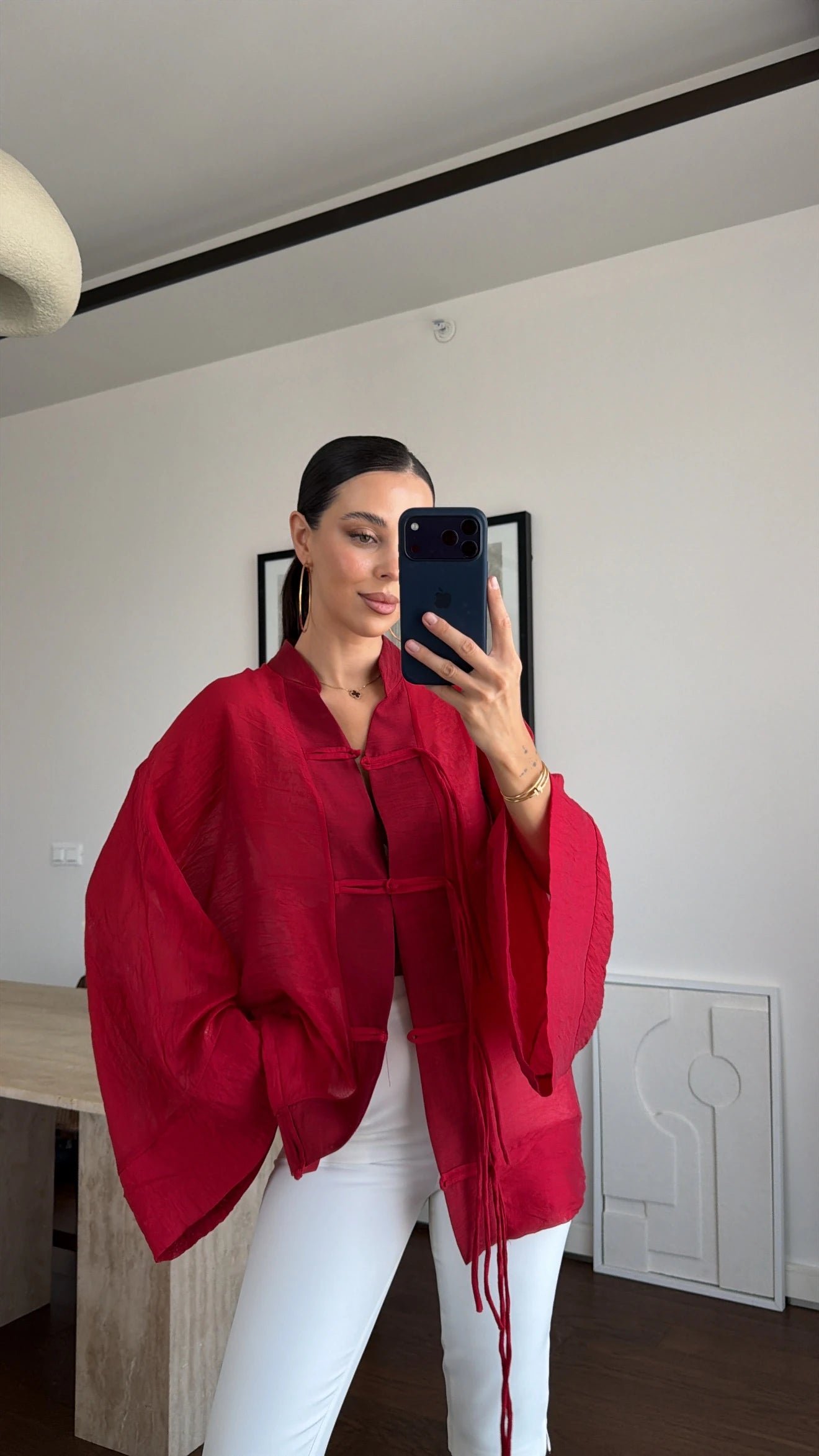 Ninon sheer kimono shirt in red