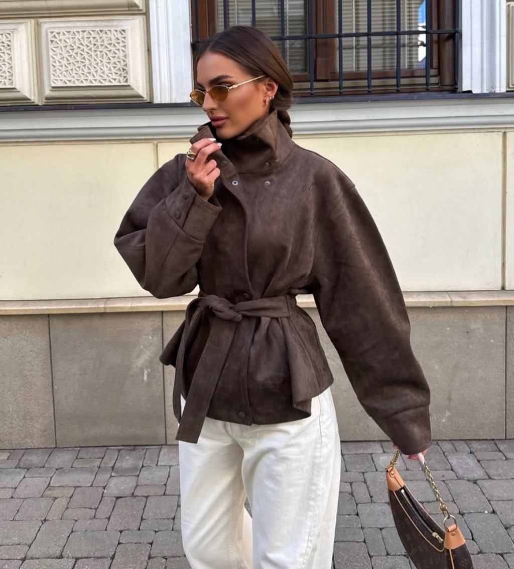 Banbury High-Neck Belted Suede Jacket - Espresso