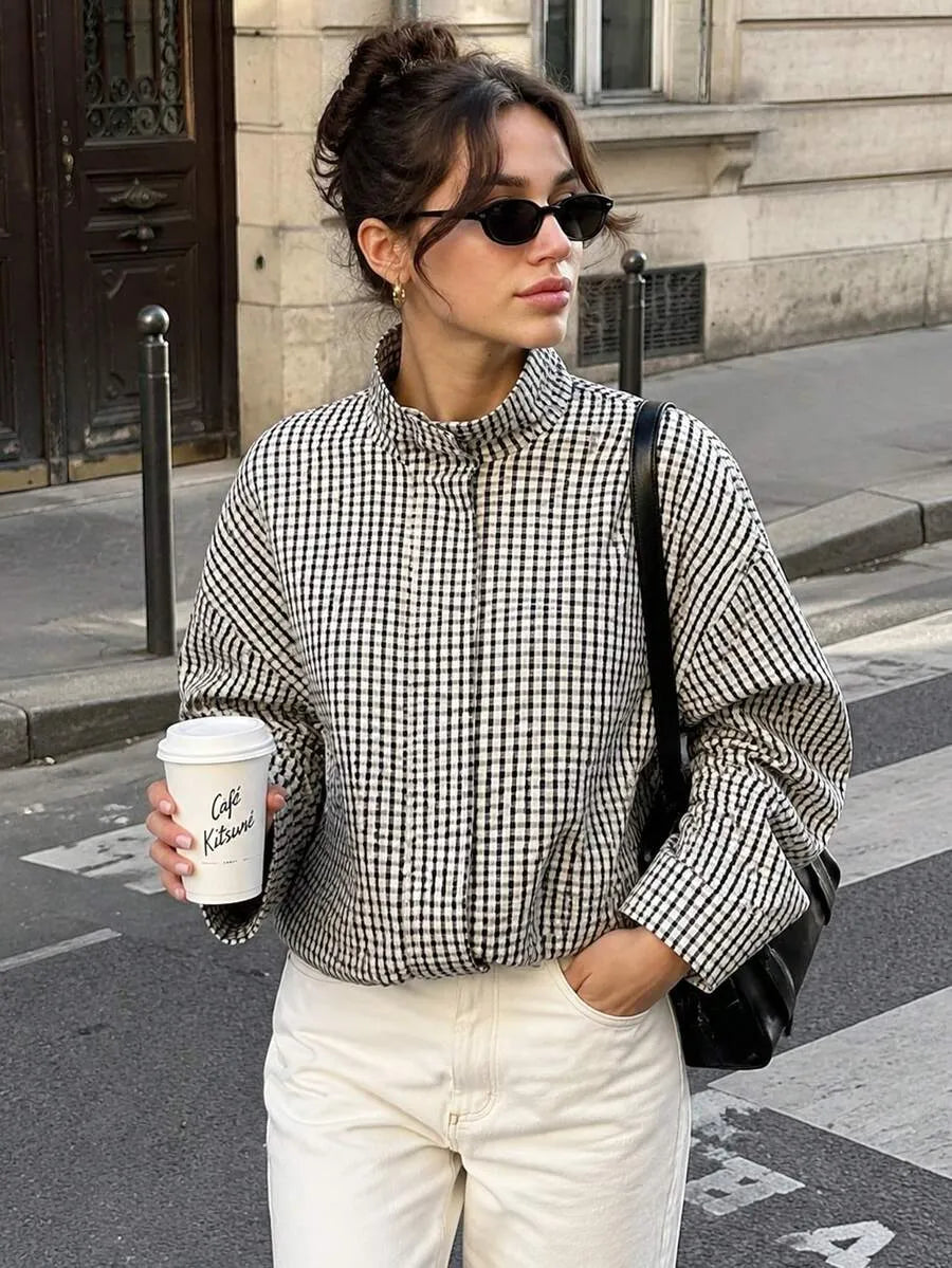 Black gingham funnel-neck jacket with cream denim