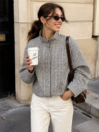Black gingham funnel-neck jacket, front