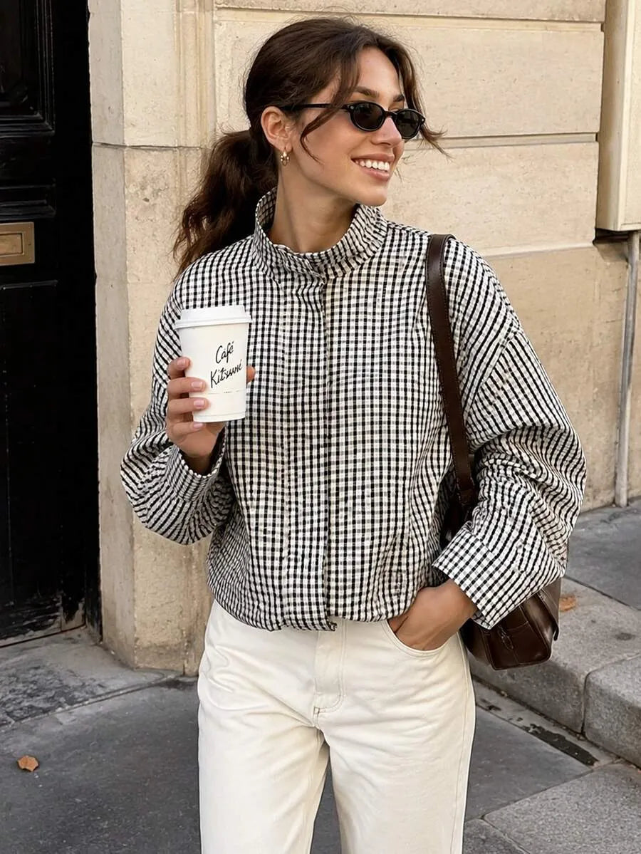 Black gingham funnel-neck jacket, front