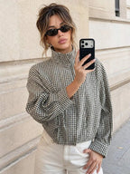 Black gingham funnel-neck jacket, mirror shot