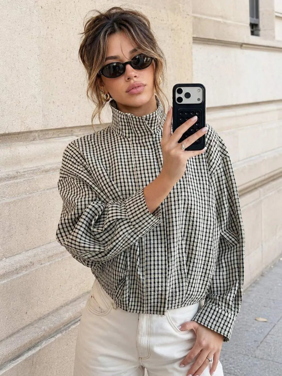 Black gingham funnel-neck jacket, mirror shot
