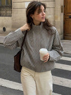Black gingham funnel-neck jacket, Paris street