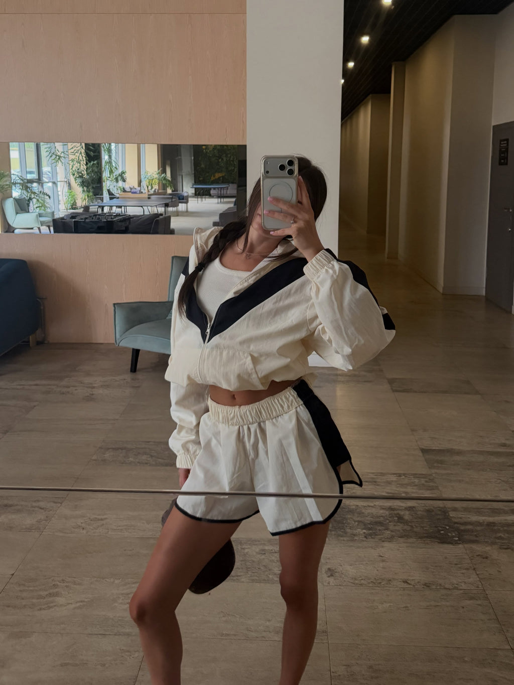 Cream chevron windbreaker set, front