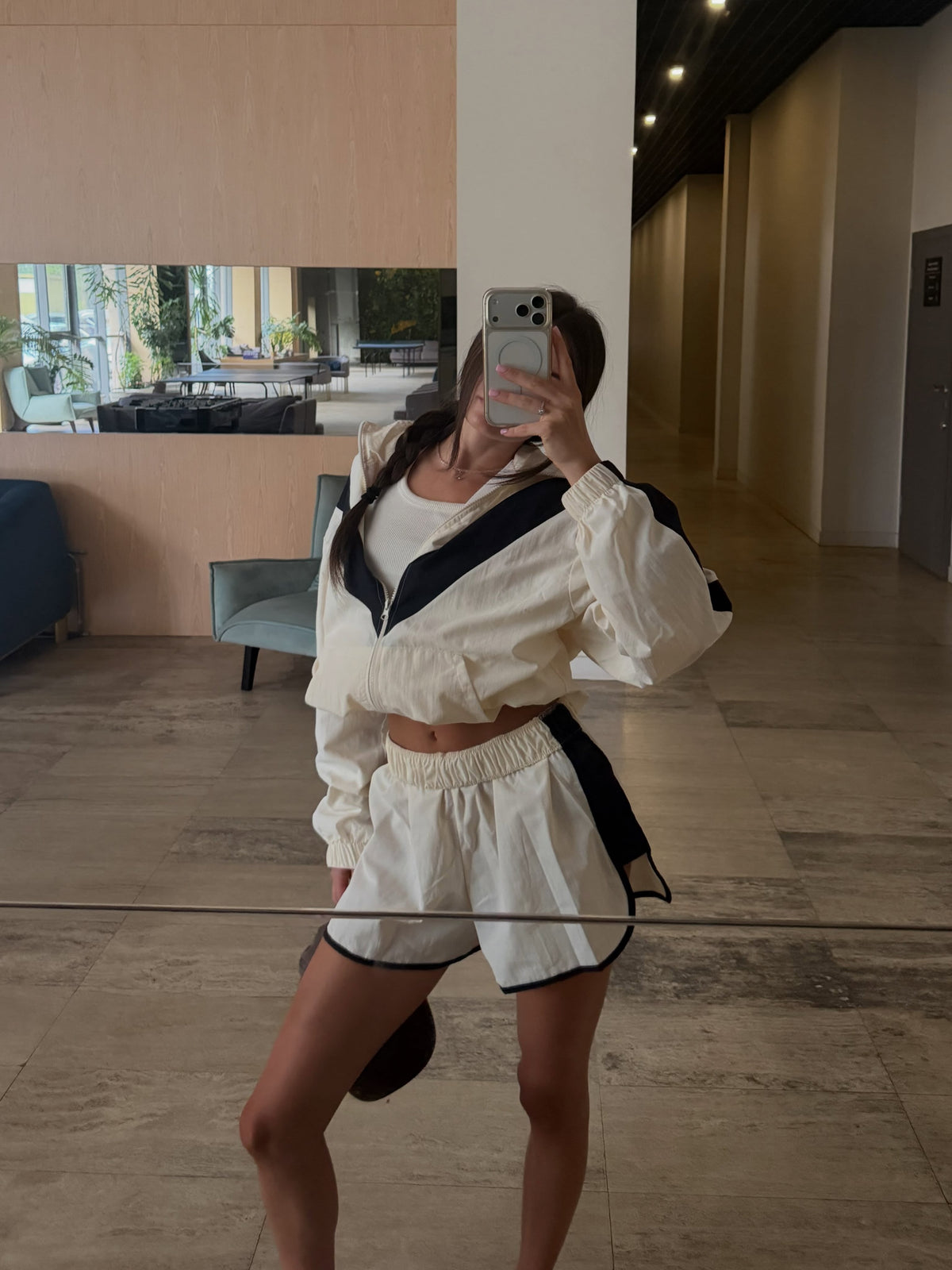 Cream chevron windbreaker set, front