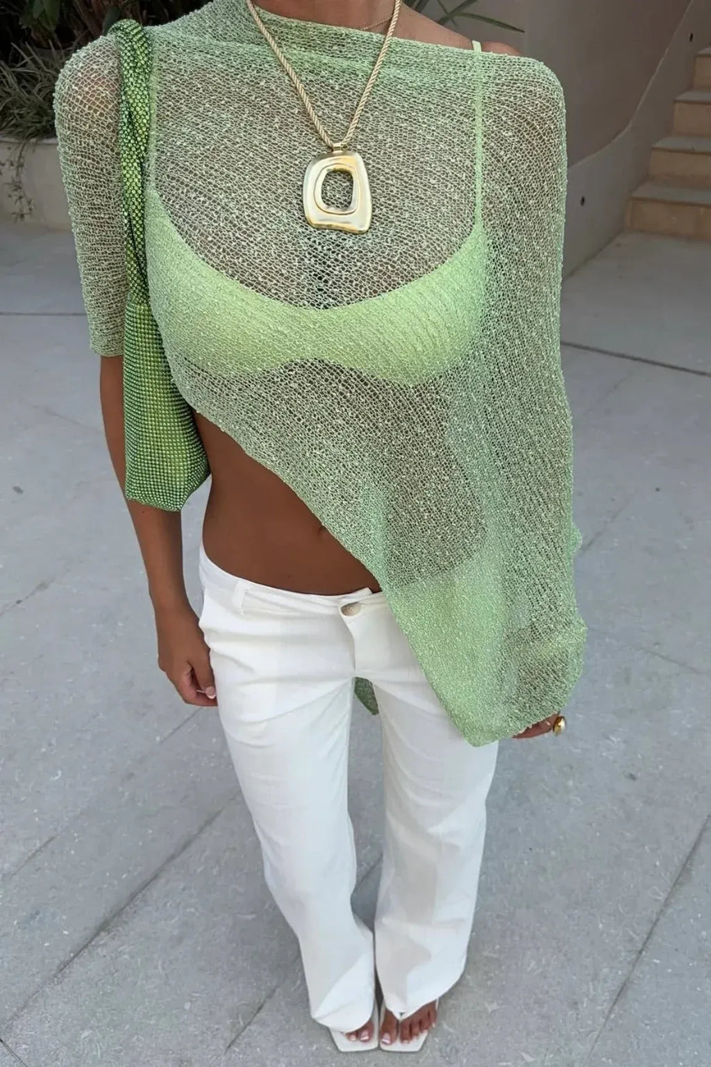 Kendall Open-Knit Batwing Cover-Up in sage green