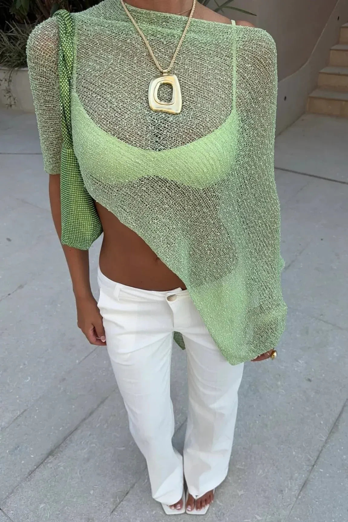 Kendall Open-Knit Batwing Cover-Up in sage green